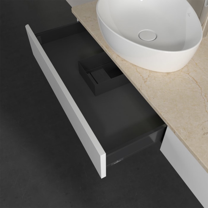 Villeroy & Boch Antao Waschbeckenunterschrank, 160 x 19 cm, 2 Auszüge mit LED-Licht, Front ohne Struktur, mit Hahnloch, für Waschtisch links