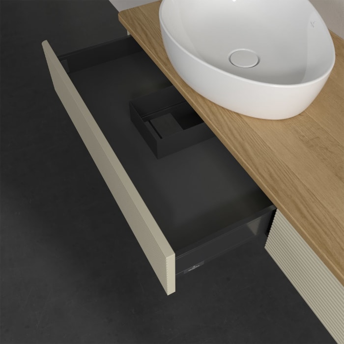 Villeroy & Boch Antao Waschbeckenunterschrank, 160 x 19 cm, 2 Auszüge mit LED-Licht, Front mit Struktur, ohne Hahnloch, für Waschtisch links