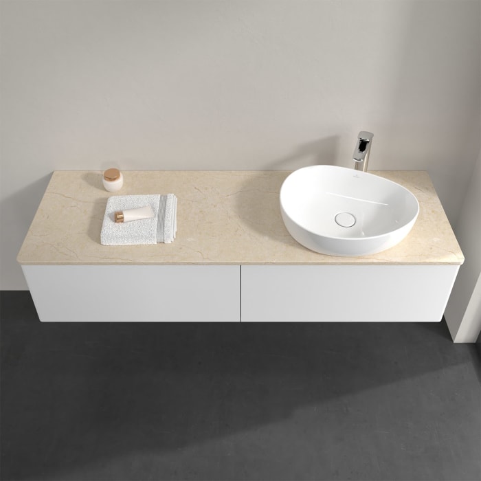 Villeroy & Boch Antao Waschbeckenunterschrank, 160 x 36 cm, 2 Auszüge, Front ohne Struktur, mit Hahnloch, für Waschtisch rechts