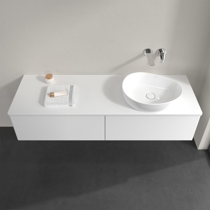 Villeroy & Boch Antao Waschbeckenunterschrank, 160 x 36 cm, 2 Auszüge, Front mit Struktur, ohne Hahnloch, für Waschtisch rechts
