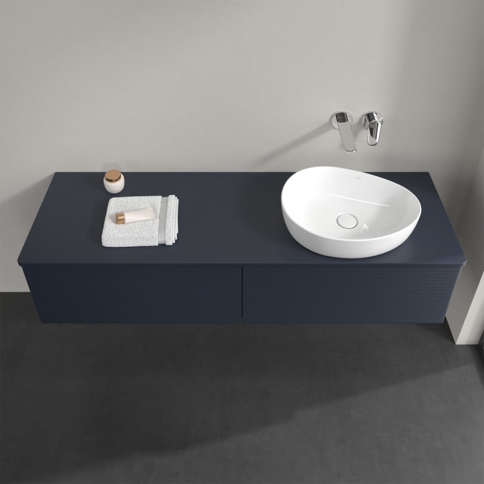 Villeroy & Boch Antao Waschbeckenunterschrank, 160 x 36 cm, 2 Auszüge, Front mit Struktur, ohne Hahnloch, für Waschtisch rechts