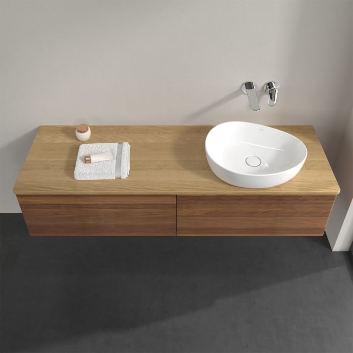 Villeroy & Boch Antao Waschbeckenunterschrank, 160 x 36 cm, 2 Auszüge, Front mit Struktur, ohne Hahnloch, für Waschtisch rechts