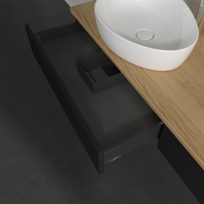 Villeroy & Boch Antao Waschbeckenunterschrank, 160 x 19 cm, 2 Auszüge mit LED-Licht, Front mit Struktur, mit Hahnloch, für Waschtisch links