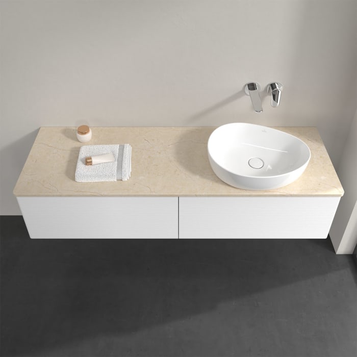 Villeroy & Boch Antao Waschbeckenunterschrank, 160 x 36 cm, 2 Auszüge, Front mit Struktur, ohne Hahnloch, für Waschtisch rechts