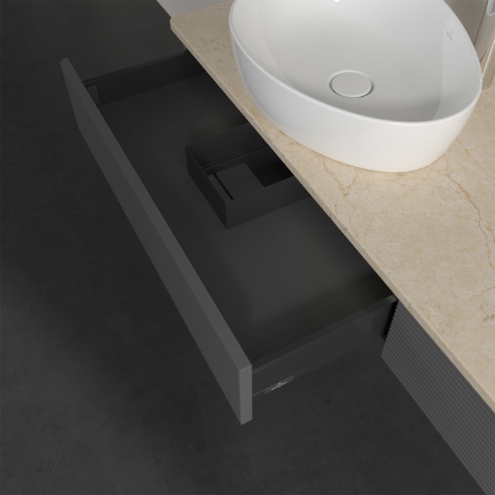 Villeroy & Boch Antao Waschbeckenunterschrank, 160 x 19 cm, 2 Auszüge mit LED-Licht, Front mit Struktur, mit Hahnloch, für Waschtisch links