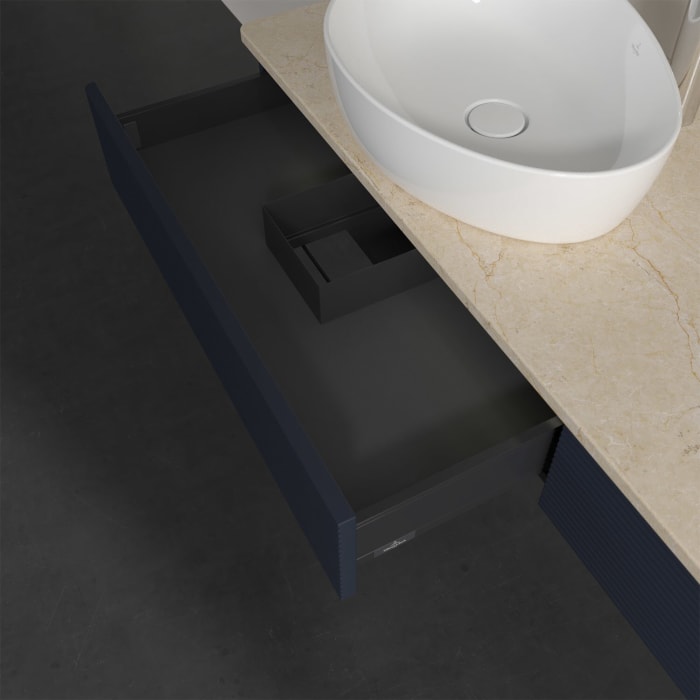 Villeroy & Boch Antao Waschbeckenunterschrank, 160 x 19 cm, 2 Auszüge mit LED-Licht, Front mit Struktur, mit Hahnloch, für Waschtisch links