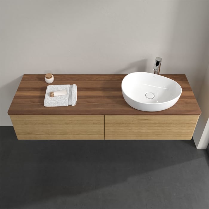 Villeroy & Boch Antao Waschbeckenunterschrank, 160 x 36 cm, 2 Auszüge, Front mit Struktur, mit Hahnloch, für Waschtisch rechts