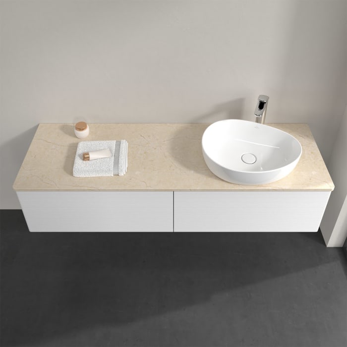 Villeroy & Boch Antao Waschbeckenunterschrank, 160 x 36 cm, 2 Auszüge, Front mit Struktur, mit Hahnloch, für Waschtisch rechts