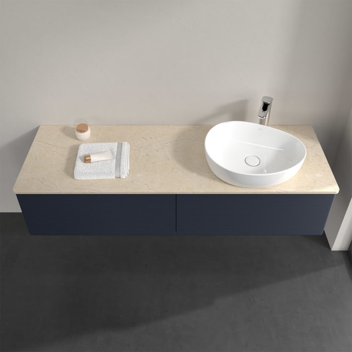 Villeroy & Boch Antao Waschbeckenunterschrank, 160 x 36 cm, 2 Auszüge, Front mit Struktur, mit Hahnloch, für Waschtisch rechts