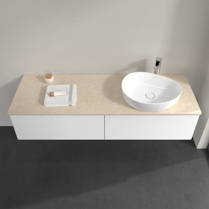 Villeroy & Boch Antao Waschbeckenunterschrank, 160 x 36 cm, 2 Auszüge, Front mit Struktur, mit Hahnloch, für Waschtisch rechts