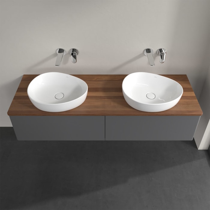 Villeroy & Boch Antao Waschbeckenunterschrank, 160 x 36 cm, 2 Auszüge, Front ohne Struktur, ohne Hahnloch, für Waschtisch links und rechts