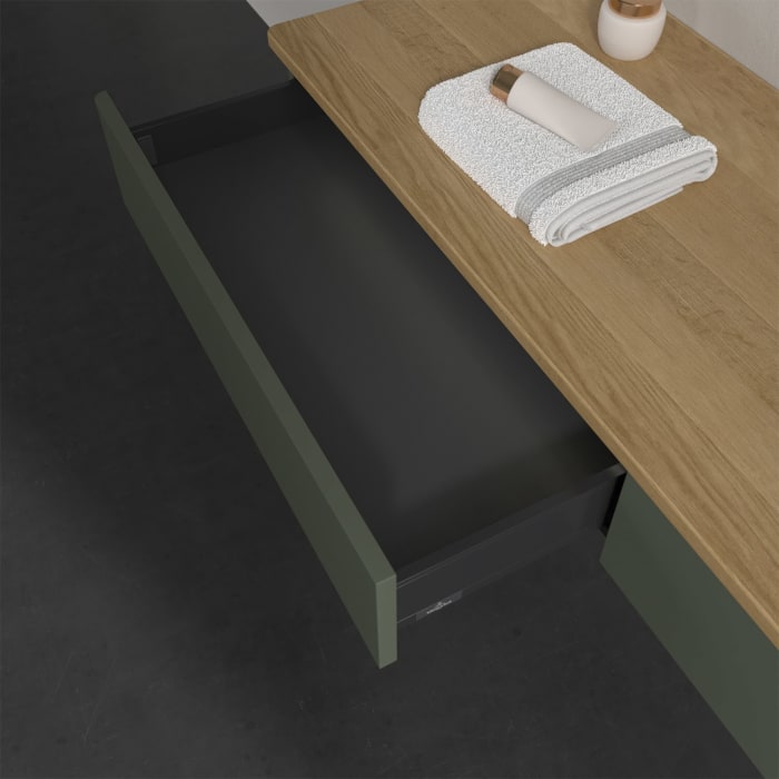 Villeroy & Boch Antao Waschbeckenunterschrank, 160 x 19 cm, 2 Auszüge mit LED-Licht, Front ohne Struktur, mit Hahnloch, für Waschtisch rechts