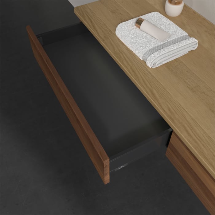 Villeroy & Boch Antao Waschbeckenunterschrank, 160 x 19 cm, 2 Auszüge mit LED-Licht, Front ohne Struktur, mit Hahnloch, für Waschtisch rechts