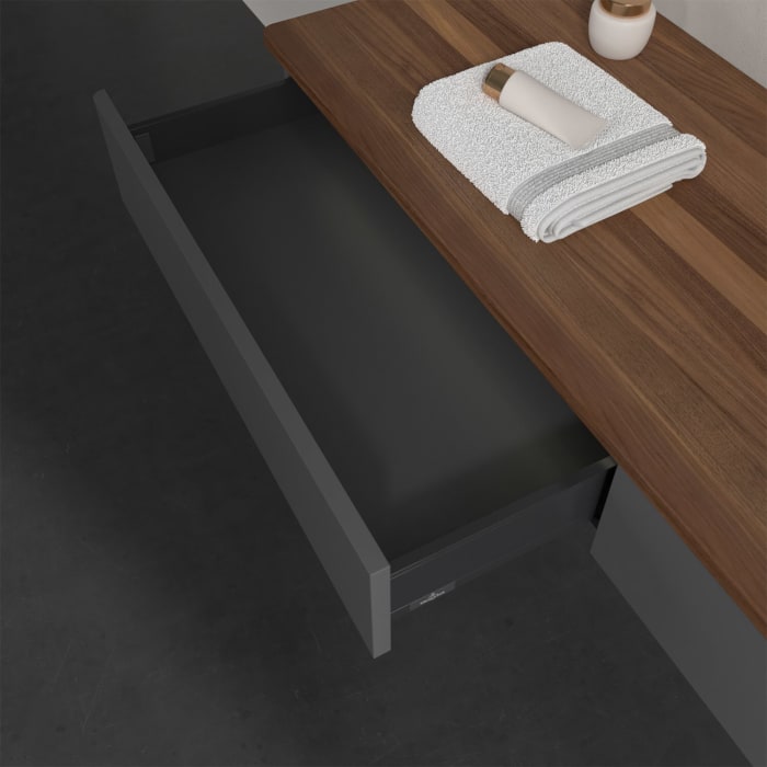 Villeroy & Boch Antao Waschbeckenunterschrank, 160 x 19 cm, 2 Auszüge mit LED-Licht, Front ohne Struktur, mit Hahnloch, für Waschtisch rechts