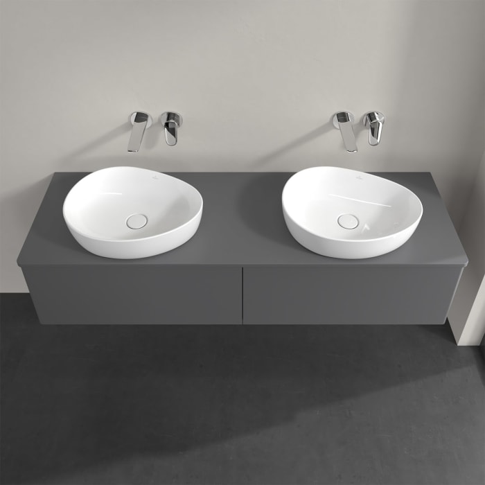 Villeroy & Boch Antao Waschbeckenunterschrank, 160 x 36 cm, 2 Auszüge, Front ohne Struktur, mit Hahnloch, für Waschtisch links und rechts