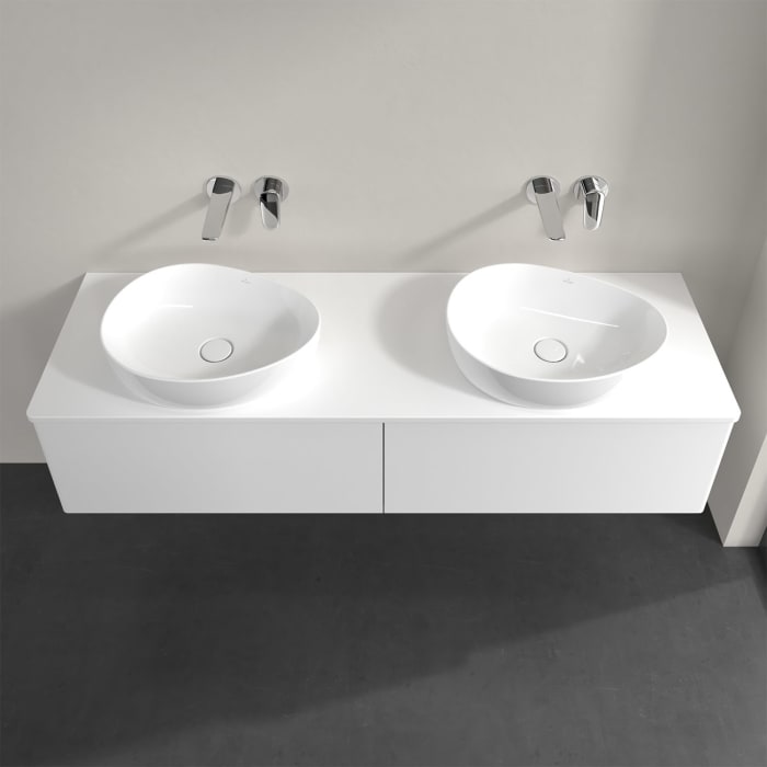 Villeroy & Boch Antao Waschbeckenunterschrank, 160 x 36 cm, 2 Auszüge, Front ohne Struktur, mit Hahnloch, für Waschtisch links und rechts