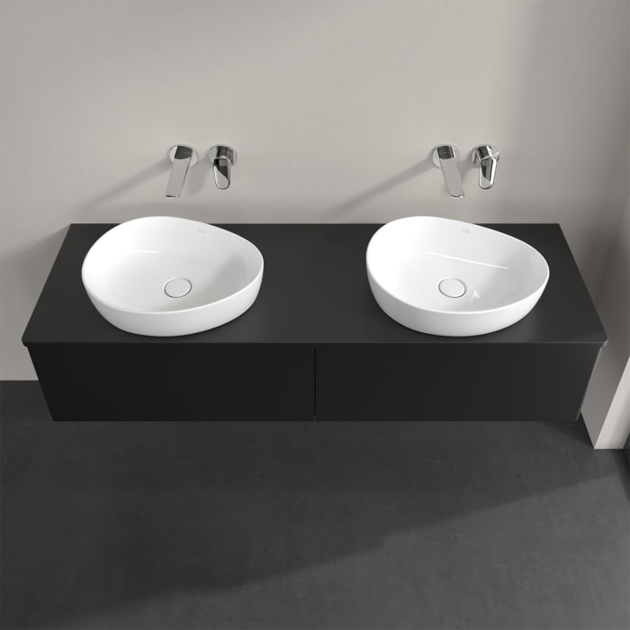 Villeroy & Boch Antao Waschbeckenunterschrank, 160 x 36 cm, 2 Auszüge, Front ohne Struktur, mit Hahnloch, für Waschtisch links und rechts