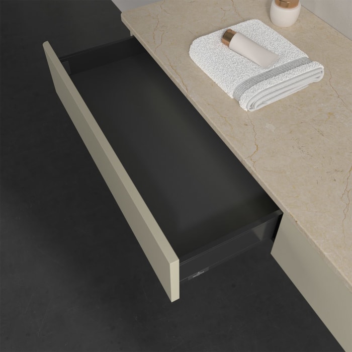 Villeroy & Boch Antao Waschbeckenunterschrank, 160 x 19 cm, 2 Auszüge mit LED-Licht, Front ohne Struktur, mit Hahnloch, für Waschtisch rechts