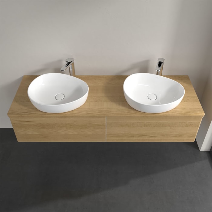 Villeroy & Boch Antao Waschbeckenunterschrank, 160 x 36 cm, 2 Auszüge, Front ohne Struktur, mit Hahnloch, für Waschtisch links und rechts