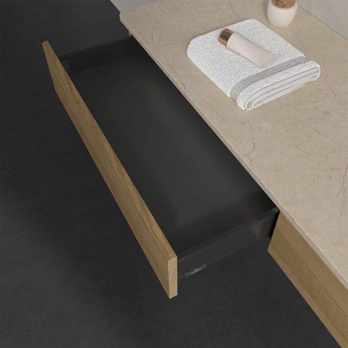 Villeroy & Boch Antao Waschbeckenunterschrank, 160 x 19 cm, 2 Auszüge mit LED-Licht, Front ohne Struktur, mit Hahnloch, für Waschtisch rechts