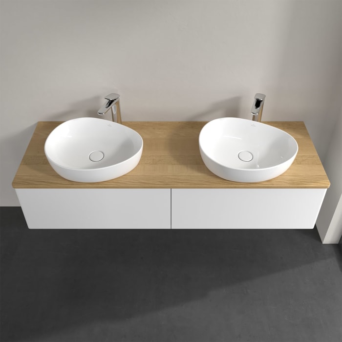 Villeroy & Boch Antao Waschbeckenunterschrank, 160 x 36 cm, 2 Auszüge, Front ohne Struktur, mit Hahnloch, für Waschtisch links und rechts