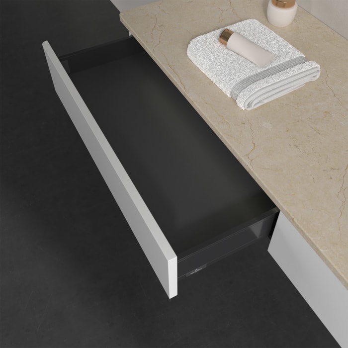 Villeroy & Boch Antao Waschbeckenunterschrank, 160 x 19 cm, 2 Auszüge mit LED-Licht, Front ohne Struktur, mit Hahnloch, für Waschtisch rechts