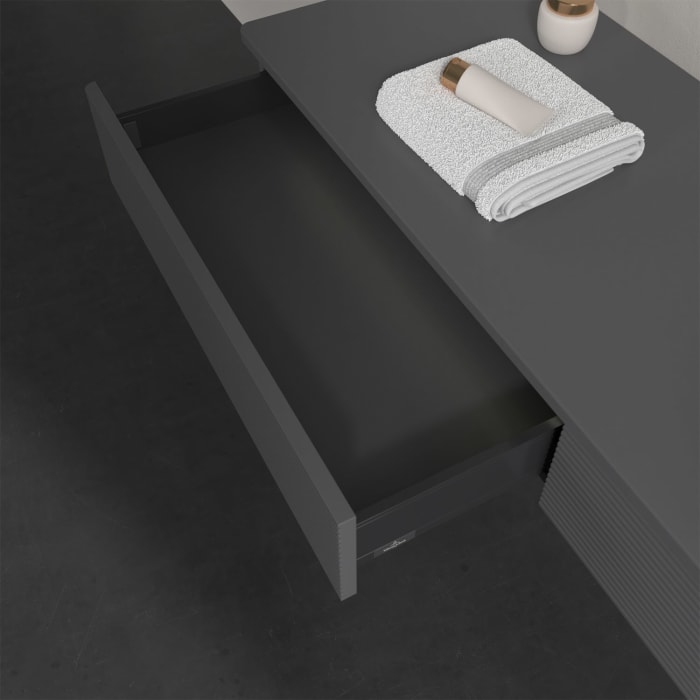 Villeroy & Boch Antao Waschbeckenunterschrank, 160 x 19 cm, 2 Auszüge mit LED-Licht, Front mit Struktur, ohne Hahnloch, für Waschtisch rechts