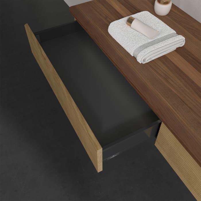 Villeroy & Boch Antao Waschbeckenunterschrank, 160 x 19 cm, 2 Auszüge mit LED-Licht, Front mit Struktur, ohne Hahnloch, für Waschtisch rechts