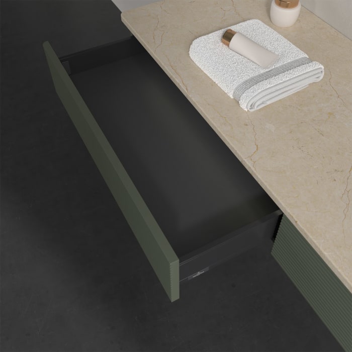 Villeroy & Boch Antao Waschbeckenunterschrank, 160 x 19 cm, 2 Auszüge mit LED-Licht, Front mit Struktur, ohne Hahnloch, für Waschtisch rechts