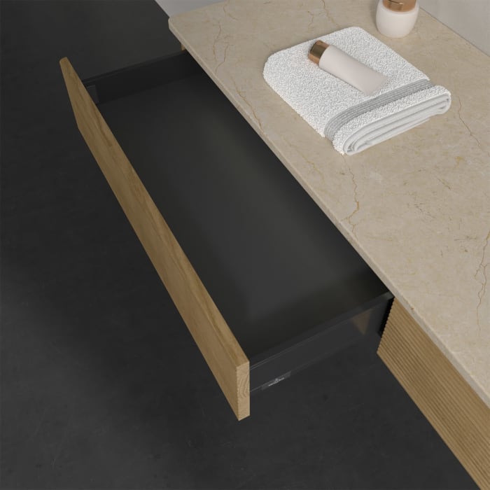 Villeroy & Boch Antao Waschbeckenunterschrank, 160 x 19 cm, 2 Auszüge mit LED-Licht, Front mit Struktur, ohne Hahnloch, für Waschtisch rechts