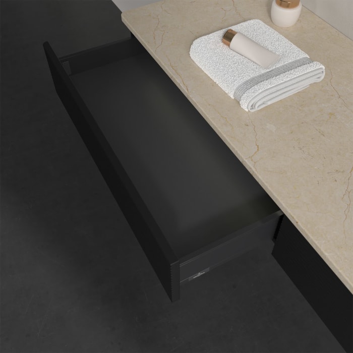 Villeroy & Boch Antao Waschbeckenunterschrank, 160 x 19 cm, 2 Auszüge mit LED-Licht, Front mit Struktur, ohne Hahnloch, für Waschtisch rechts