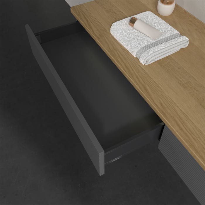 Villeroy & Boch Antao Waschbeckenunterschrank, 160 x 19 cm, 2 Auszüge mit LED-Licht, Front mit Struktur, mit Hahnloch, für Waschtisch rechts