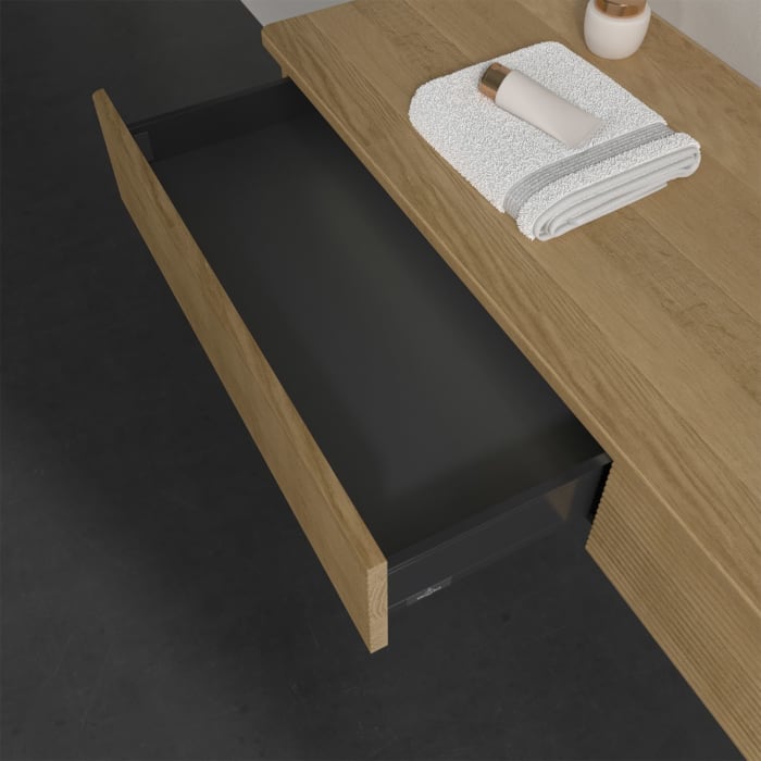 Villeroy & Boch Antao Waschbeckenunterschrank, 160 x 19 cm, 2 Auszüge mit LED-Licht, Front mit Struktur, mit Hahnloch, für Waschtisch rechts