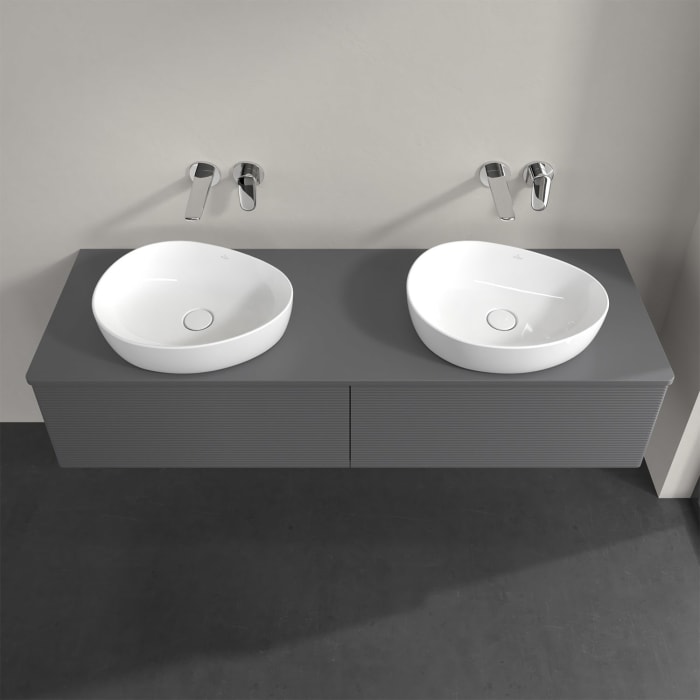 Villeroy & Boch Antao Waschbeckenunterschrank, 160 x 36 cm, 2 Auszüge, Front mit Struktur, mit Hahnloch, für Waschtisch links und rechts
