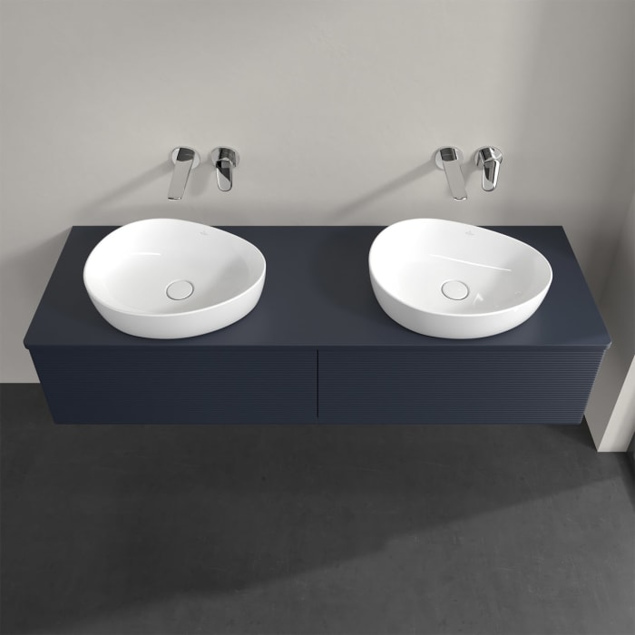 Villeroy & Boch Antao Waschbeckenunterschrank, 160 x 36 cm, 2 Auszüge, Front mit Struktur, mit Hahnloch, für Waschtisch links und rechts