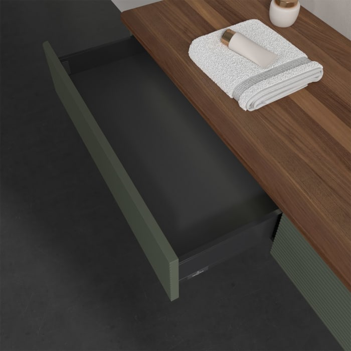 Villeroy & Boch Antao Waschbeckenunterschrank, 160 x 19 cm, 2 Auszüge mit LED-Licht, Front mit Struktur, mit Hahnloch, für Waschtisch rechts