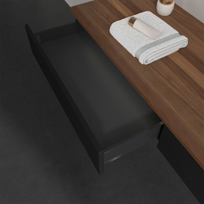 Villeroy & Boch Antao Waschbeckenunterschrank, 160 x 19 cm, 2 Auszüge mit LED-Licht, Front mit Struktur, mit Hahnloch, für Waschtisch rechts