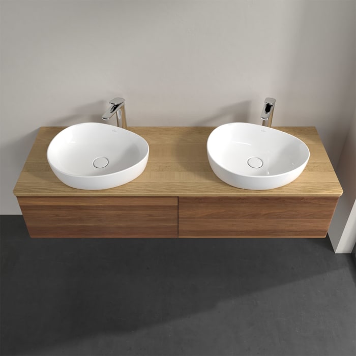 Villeroy & Boch Antao Waschbeckenunterschrank, 160 x 36 cm, 2 Auszüge, Front mit Struktur, mit Hahnloch, für Waschtisch links und rechts