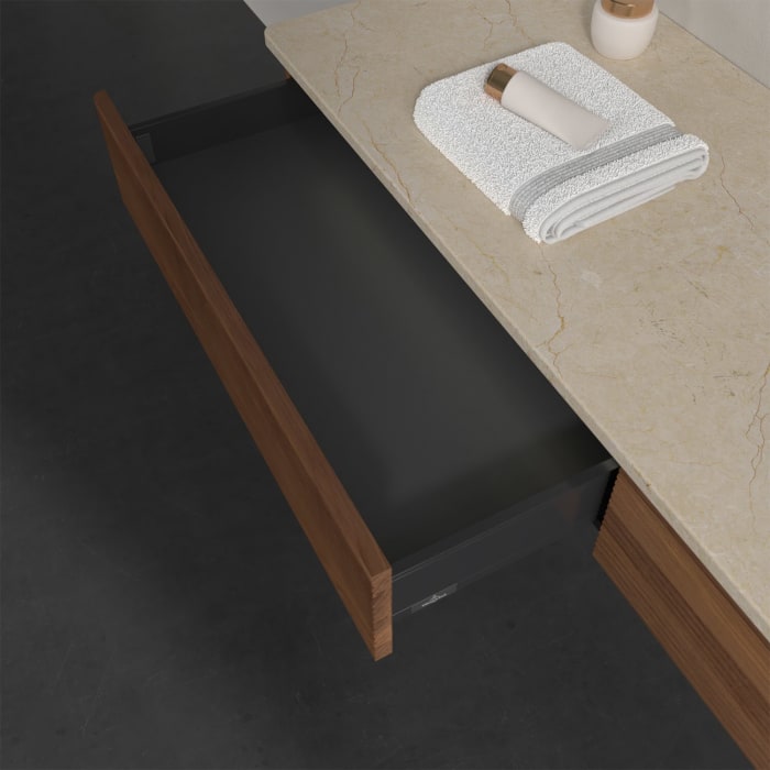 Villeroy & Boch Antao Waschbeckenunterschrank, 160 x 19 cm, 2 Auszüge mit LED-Licht, Front mit Struktur, mit Hahnloch, für Waschtisch rechts