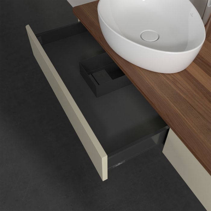 Villeroy & Boch Antao Waschbeckenunterschrank, 160 x 19 cm, 2 Auszüge mit LED-Licht, Front ohne Struktur, mit Hahnloch, für Waschtisch links und recht