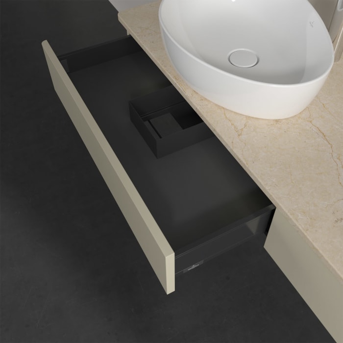 Villeroy & Boch Antao Waschbeckenunterschrank, 160 x 19 cm, 2 Auszüge mit LED-Licht, Front ohne Struktur, mit Hahnloch, für Waschtisch links und recht