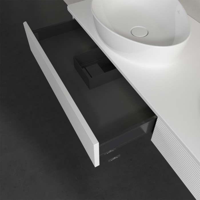 Villeroy & Boch Antao Waschbeckenunterschrank, 160 x 19 cm, 2 Auszüge mit LED-Licht, Front mit Struktur, ohne Hahnloch, für Waschtisch links und recht