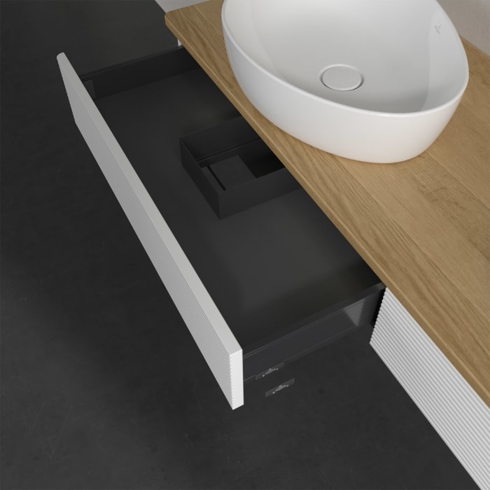 Villeroy & Boch Antao Waschbeckenunterschrank, 160 x 19 cm, 2 Auszüge mit LED-Licht, Front mit Struktur, ohne Hahnloch, für Waschtisch links und recht