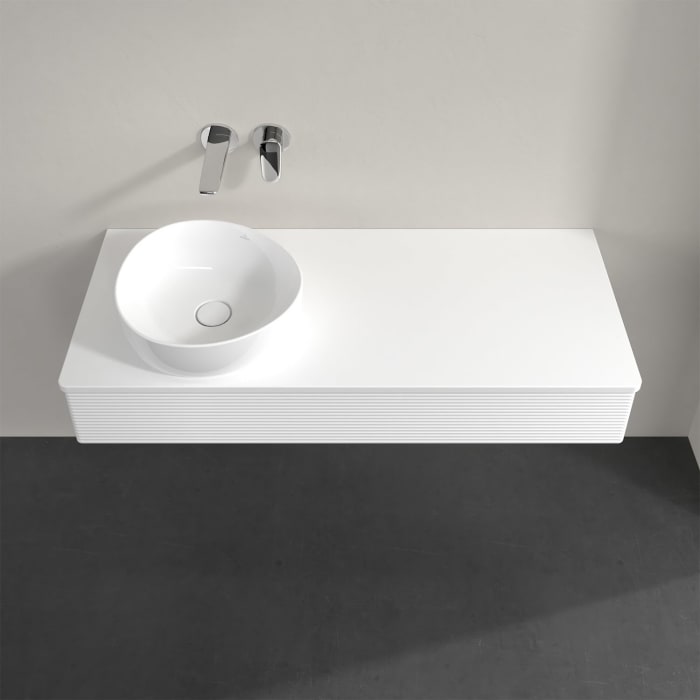 Villeroy & Boch Antao Waschbeckenunterschrank, 120 x 19 cm, 1 Auszug mit LED-Licht, Front mit Struktur, mit Hahnloch, für Waschtisch links