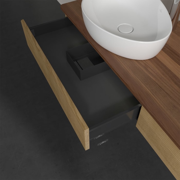 Villeroy & Boch Antao Waschbeckenunterschrank, 160 x 19 cm, 2 Auszüge mit LED-Licht, Front mit Struktur, mit Hahnloch, für Waschtisch links und rechts