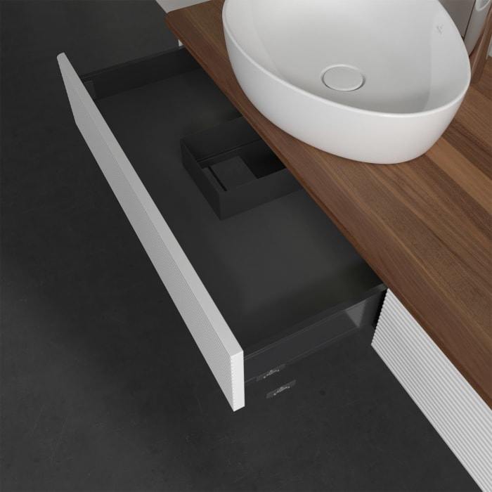 Villeroy & Boch Antao Waschbeckenunterschrank, 160 x 19 cm, 2 Auszüge mit LED-Licht, Front mit Struktur, mit Hahnloch, für Waschtisch links und rechts