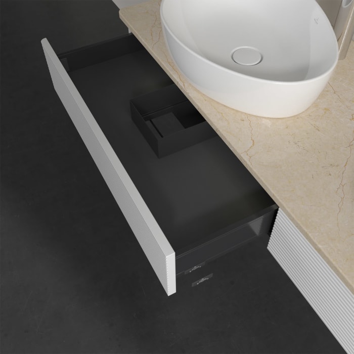 Villeroy & Boch Antao Waschbeckenunterschrank, 160 x 19 cm, 2 Auszüge mit LED-Licht, Front mit Struktur, mit Hahnloch, für Waschtisch links und rechts