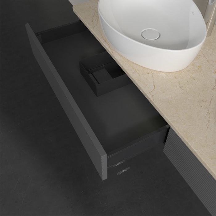 Villeroy & Boch Antao Waschbeckenunterschrank, 160 x 19 cm, 2 Auszüge mit LED-Licht, Front mit Struktur, mit Hahnloch, für Waschtisch links und rechts