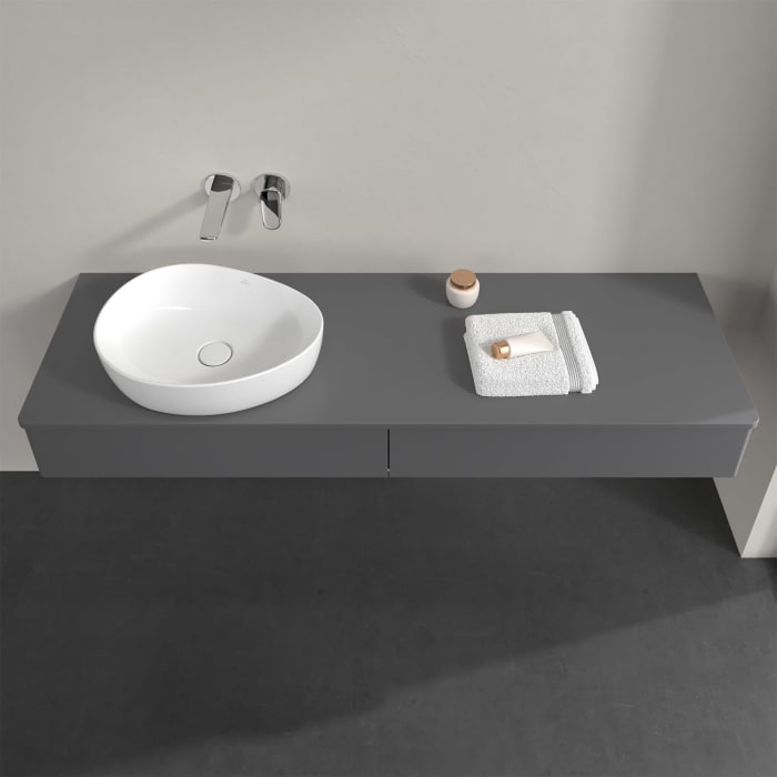 Villeroy & Boch Antao Waschbeckenunterschrank, 160 x 19 cm, 2 Auszüge mit LED-Licht, Front ohne Struktur, mit Hahnloch, für Waschtisch links