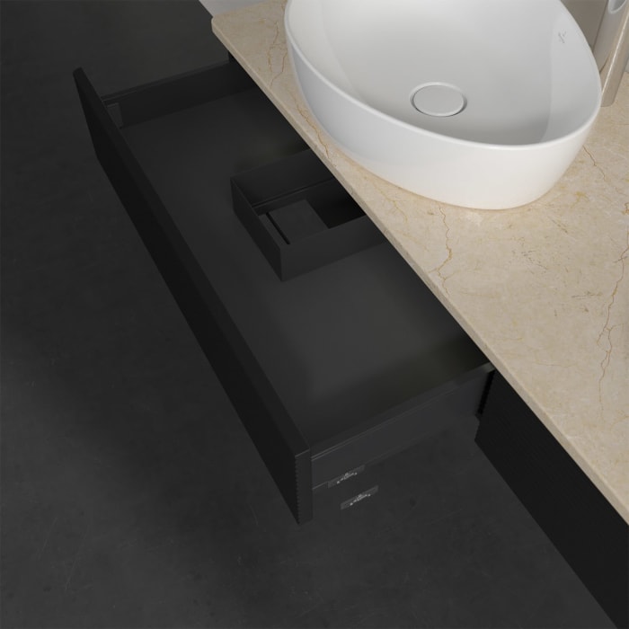 Villeroy & Boch Antao Waschbeckenunterschrank, 160 x 19 cm, 2 Auszüge mit LED-Licht, Front mit Struktur, mit Hahnloch, für Waschtisch links und rechts